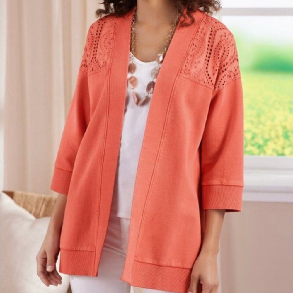 Soft Surroundings Ellie Topper Knit Eyelet Lace Orange Open Cardigan Medium
